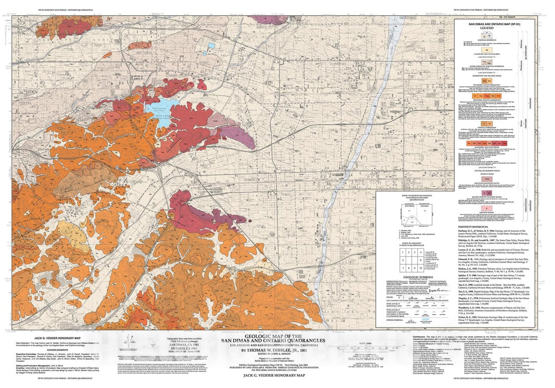 Map : Geologic map of the San Dimas and Ontario quadrangles, Los Angeles and San Bernardino Counties, California, 2002 Cartography Wall Art :