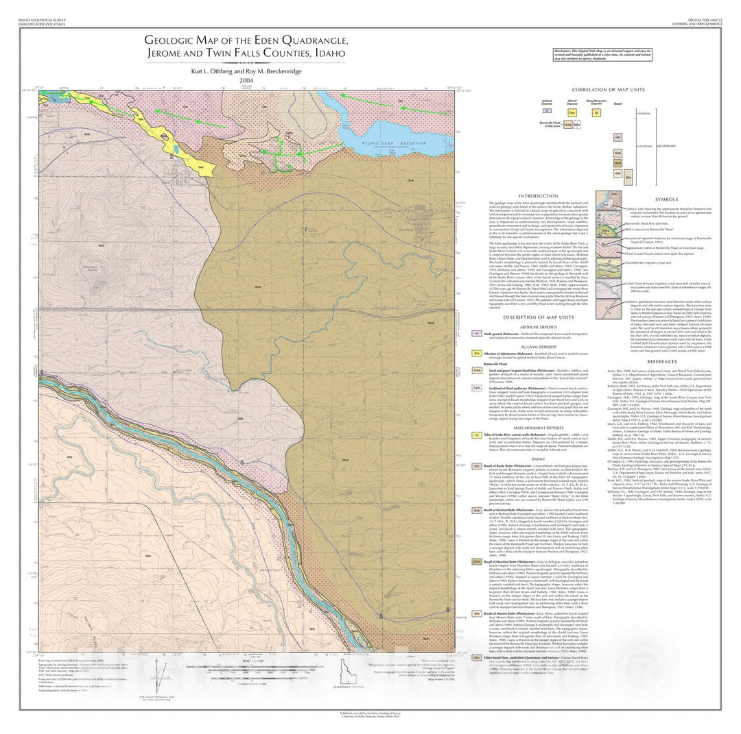 Map : Geologic Map of the Eden Quadrangle, Jerome and Twin Falls Counties, Idaho, 2004 Cartography Wall Art :