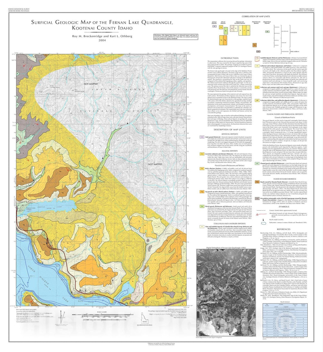 Map : Surficial Geologic Map of the Fernan Lake Quadrangle, Kootenai County, Idaho, 2004 Cartography Wall Art :