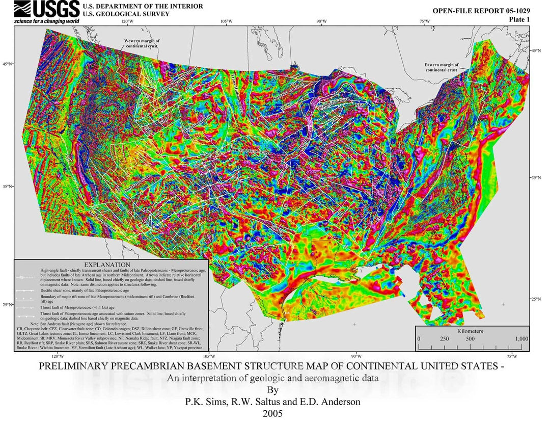 Map : Preliminary Precambrian basement structure map of the continental United States -- an interpretation of geologic and aeromagnetic data, 2005 Cartography Wall Art :