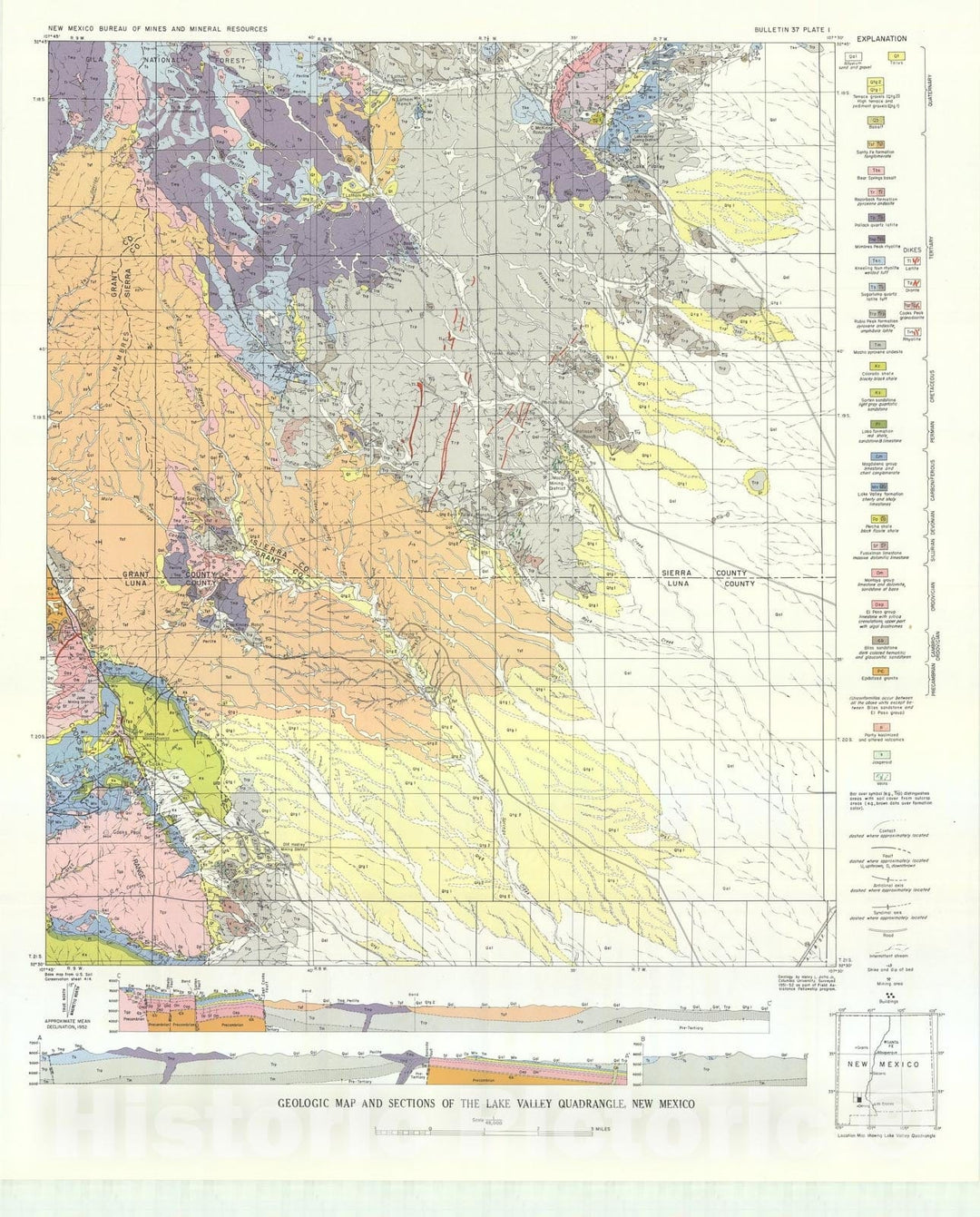 Map : Geologic map and sections of the Lake Valley quadrangle, New Mexico, 1954 Cartography Wall Art :