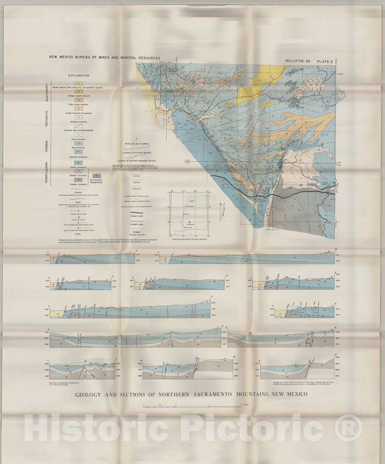 Map : Geology and sections of the northern Sacramento Mountains, New Mexico, 1959 Cartography Wall Art :