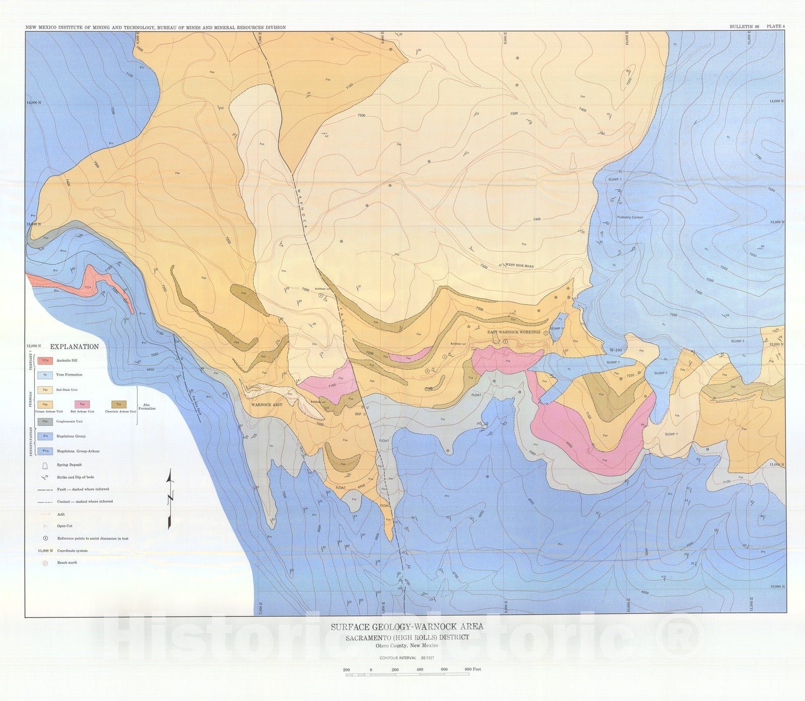 Map : Surface geology-Warnock area, Sacramento (High Rolls) district, 1965 Cartography Wall Art :