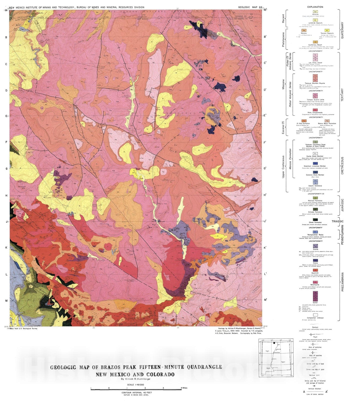 Map : Geologic map of Brazos Peak fifteen-minute quadrangle, New Mexico and Colorado, 1968 Cartography Wall Art :