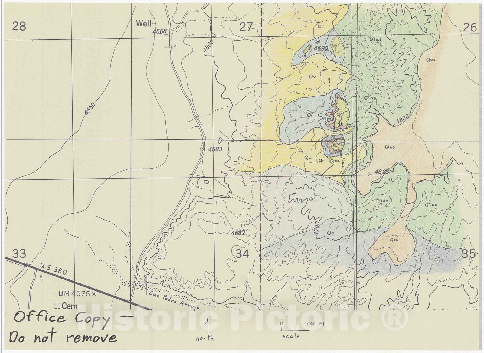 Map : Geologic map of San Antonio pumice deposit (SE 1/4 Sec twenty-seven and NE 1/4 Sec 34, T 4S, R 1E), Socorro County, New Mexico, 1988 Cartography Wall Art :