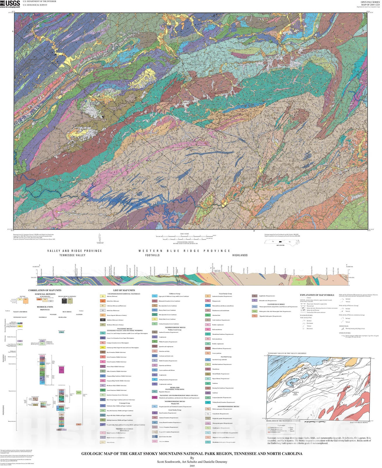 Map : Geologic map of the Great Smoky Mountains National Park region, Tennessee and North Carolina, 2005 Cartography Wall Art :