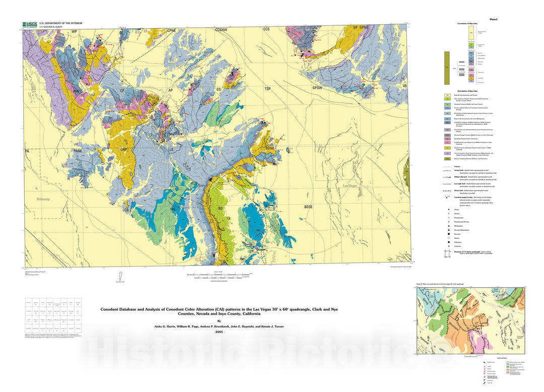 Map : Conodont database and analysis of conodont color alteration patterns in the Las Vegas 30' X 60' quadrangle, Clark and Nye Counties, 2005 Cartography Wall Art :