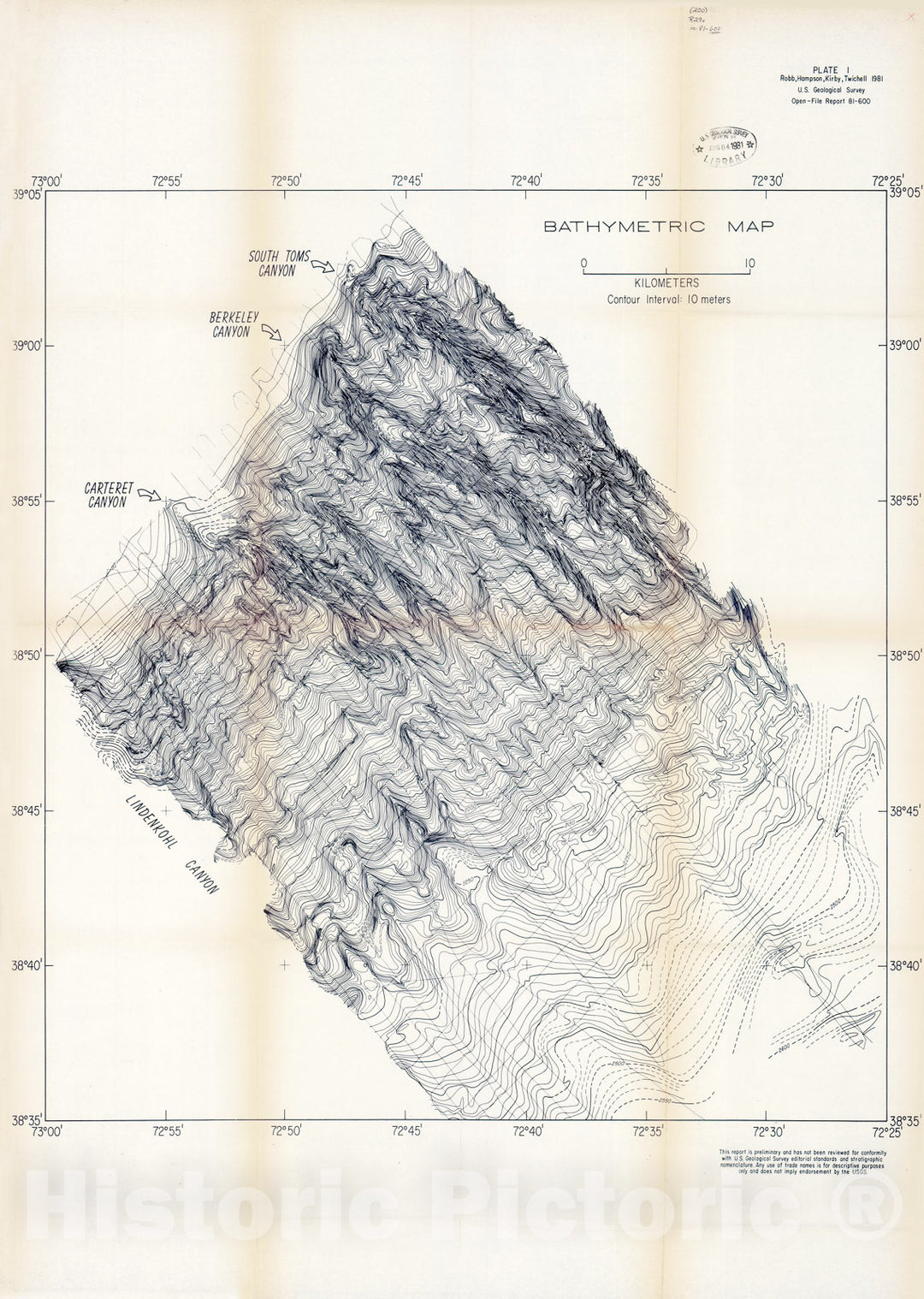 Map : Geology and potential hazards of the continental slope between Lindenkohl and South Toms Canyons, offshore mid-Atlantic, United States, 1981 Cartography Wall Art :