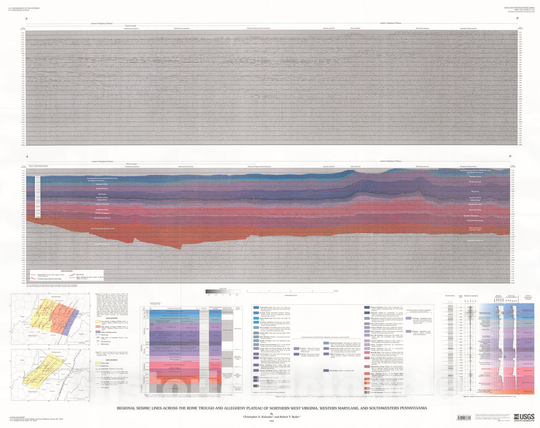 Map : Regional seismic lines across the Rome Trough and Allegheny Plateau of northern West Virginia, western Maryland, and southwestern Pennsylvania, 2006 Cartography Wall Art :