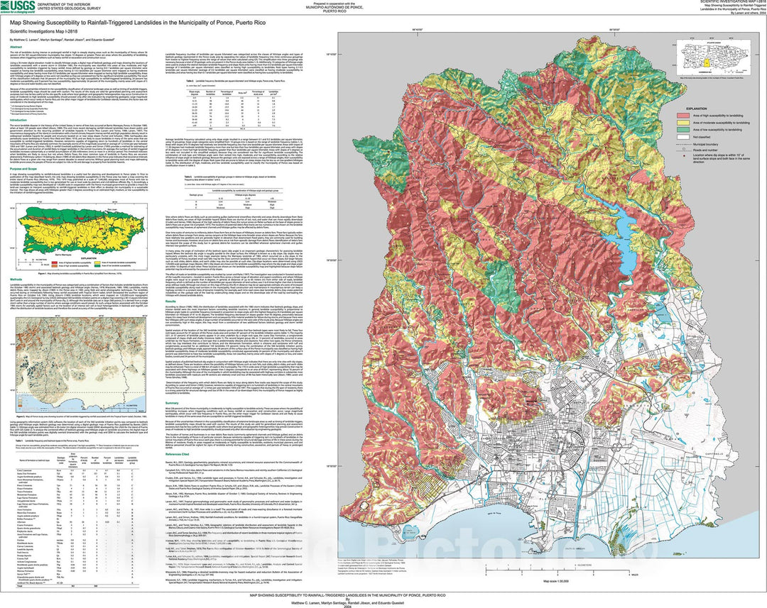 Map : Map showing susceptibility to rainfall-triggered landslides in the Municipality of Ponce, Puerto Rico, 2006 Cartography Wall Art :