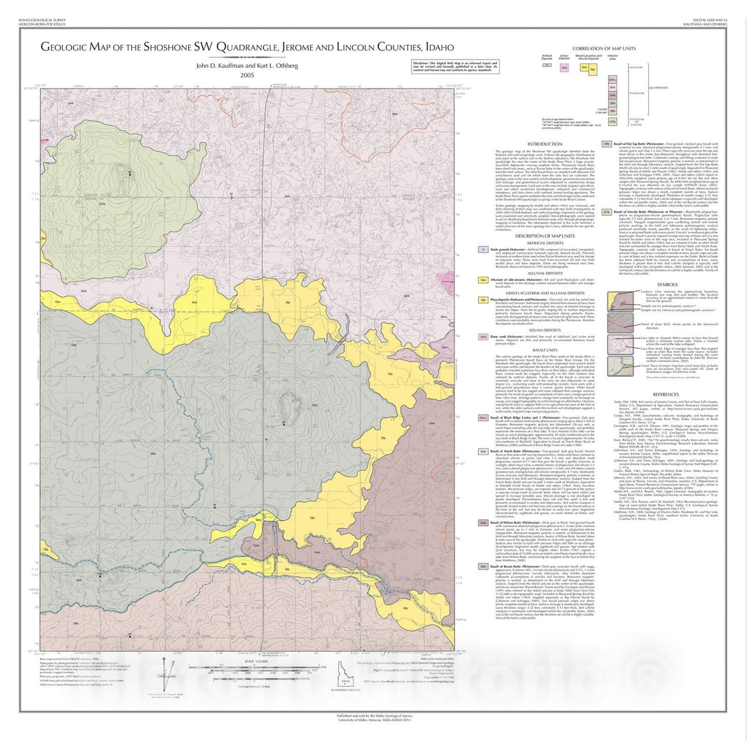 Map : Geologic Map of the Shoshone SW Quadrangle, Jerome and Lincoln Counties, Idaho, 2005 Cartography Wall Art :