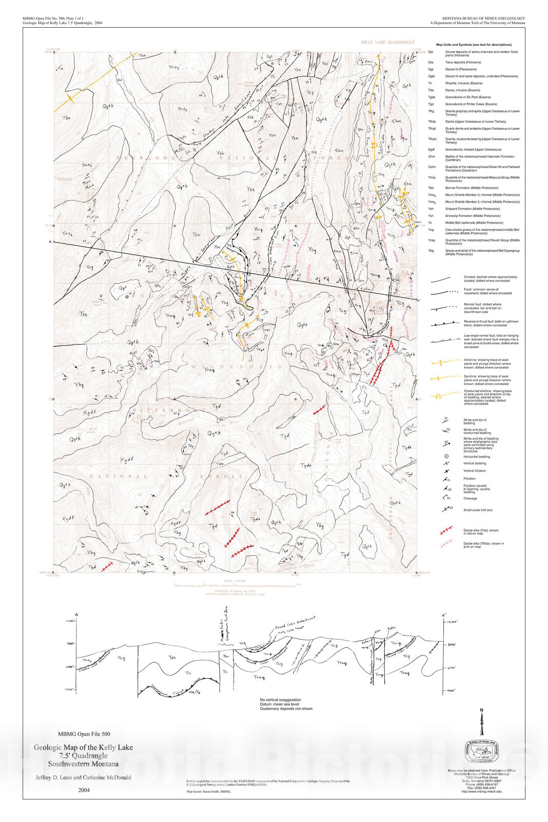 Map : Geologic map of the Kelly Lake 7.5' quadrangle, western Montana, 2004 Cartography Wall Art :