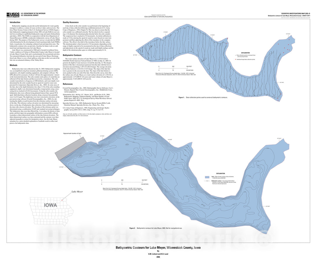 Map : Bathymetric contour maps for lakes surveyed in Iowa in 2003 [Lake Meyer, Winneshiek County], 2006 Cartography Wall Art :