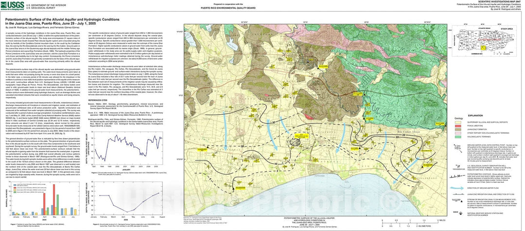 Map : Potentiometric surface of the alluvial aquifer and hydrologic conditions in the Juana Diaz area, Puerto Rico, June twenty-nine - July 1, 2005, 2006 Cartography Wall Art :