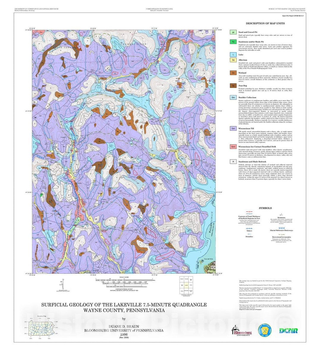 Map : Surficial geology of the Lakeville 7.5-minute quadrangle, Wayne County, Pennsylvania [Revision 1], 2006 Cartography Wall Art :