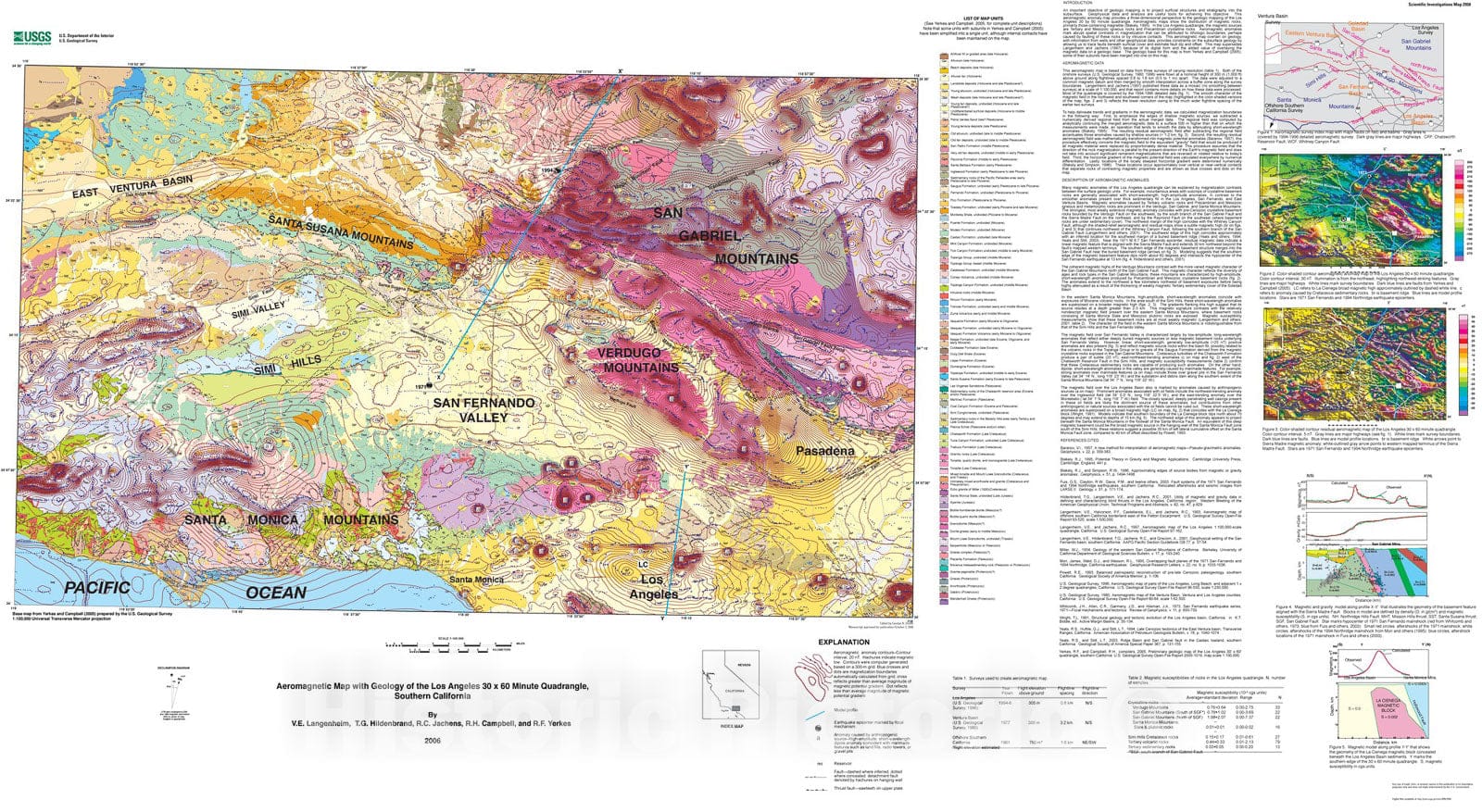 Map : Aeromagnetic map with geology of the Los Angeles thirty x sixty minute quadrangle, southern California, 2006 Cartography Wall Art :