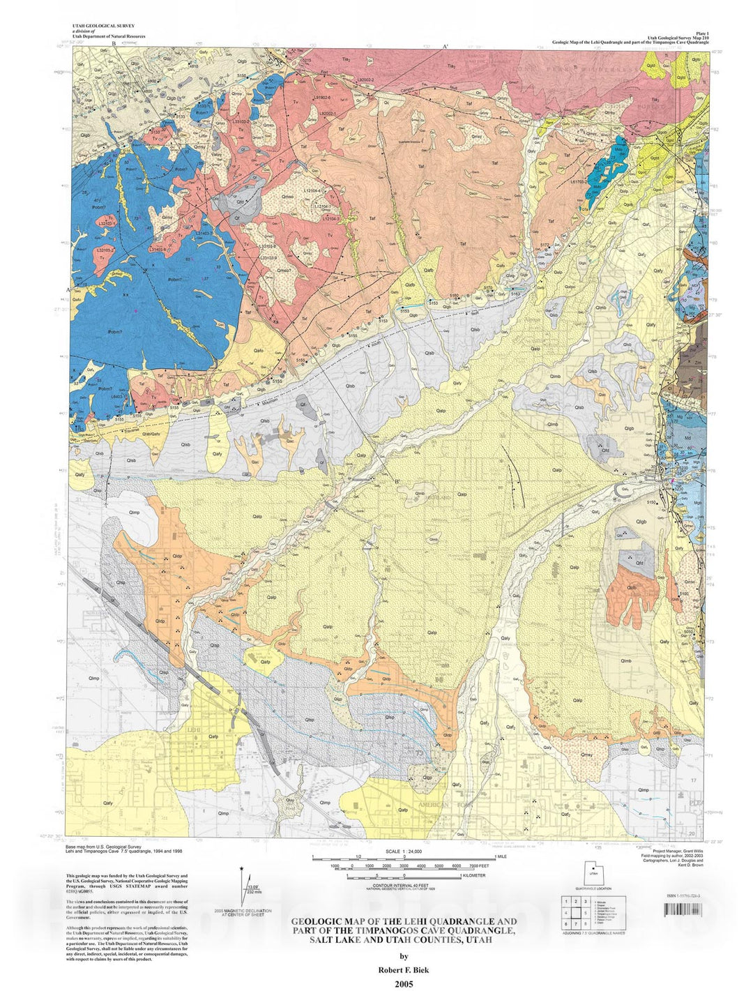 Map : Geologic map of the Lehi quadrangle and part of the Timpanogos Cave quadrangle, Salt Lake and Utah Counties, Utah, 2005 Cartography Wall Art :