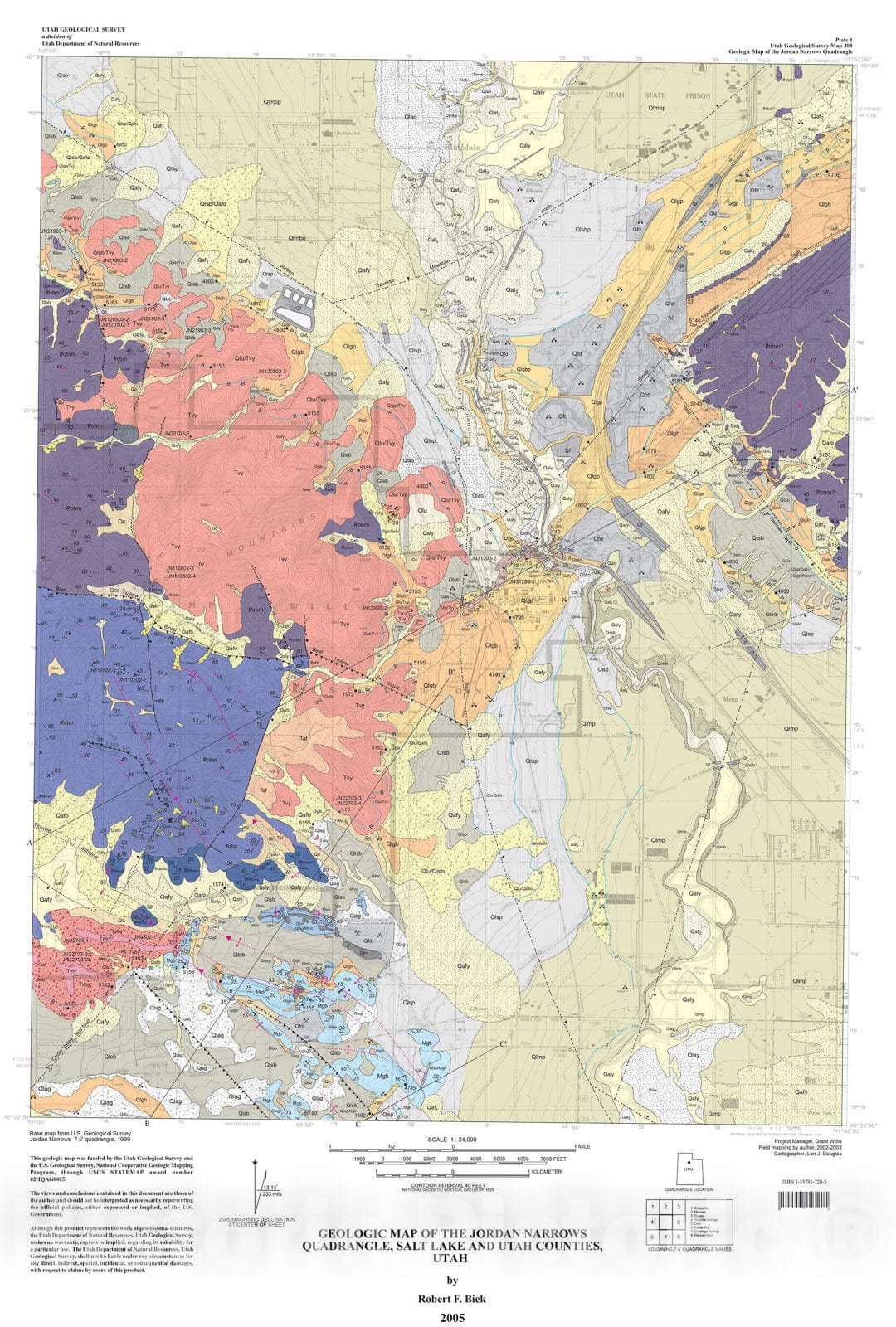 Map : Geologic map of the Jordan Narrows quadrangle, Salt Lake and Utah Counties, Utah, 2005 Cartography Wall Art :