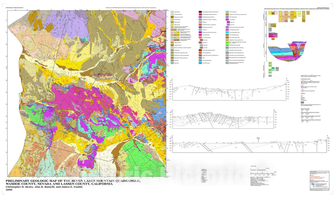 Map : Preliminary geologic map of the Seven Lakes Mountain Quadrangle, Washoe County, Nevada and Lassen County, California, 2006 Cartography Wall Art :