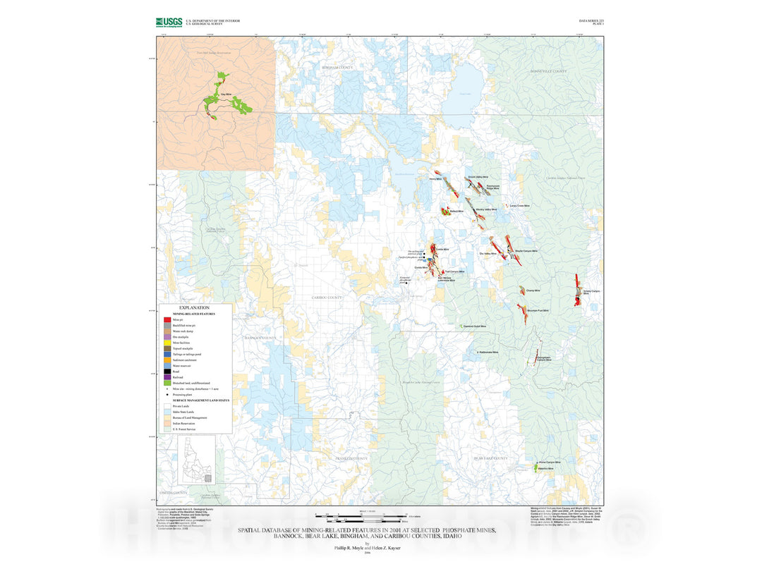 Map : Spatial database of mining-related features in 2001 at selected phosphate mines, Bannock, Bear Lake, Bingham, and Caribou Counties, Idaho, 2006 Cartography Wall Art :