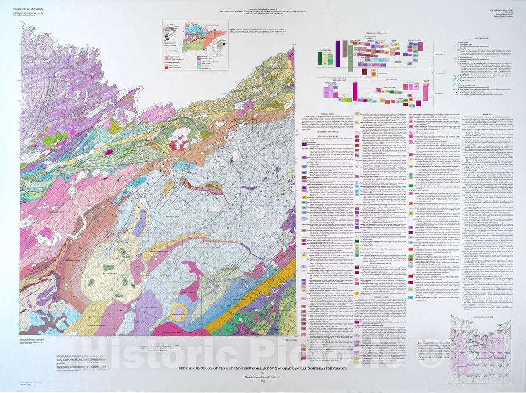 Map : Bedrock geology of the Ely and Basswood Lake 30' x 60' quadrangles, northeast Minnesota, 2004 Cartography Wall Art :