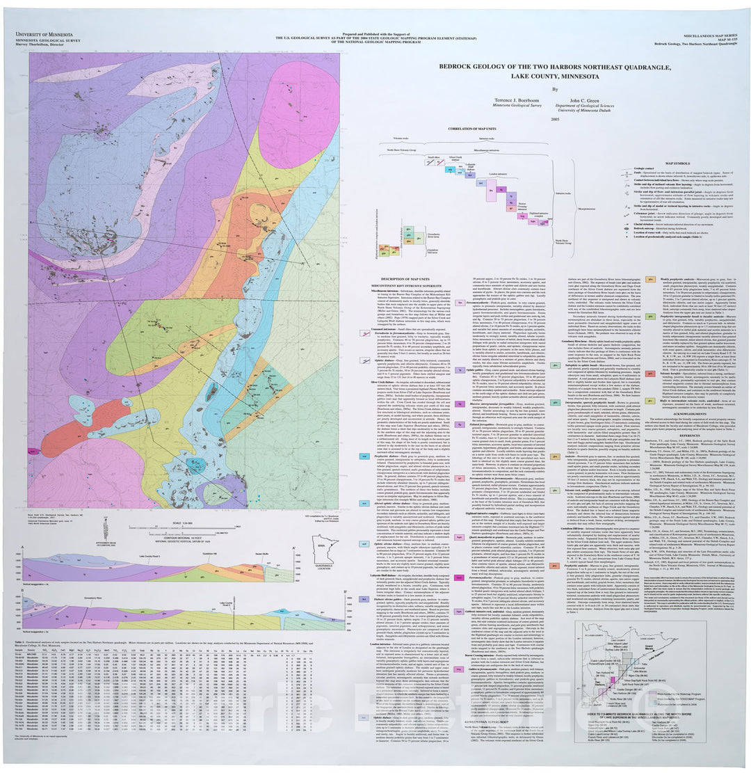 Map : Bedrock geology of the Two Harbors Northeast quadrangle, Lake County, Minnesota, 2005 Cartography Wall Art :