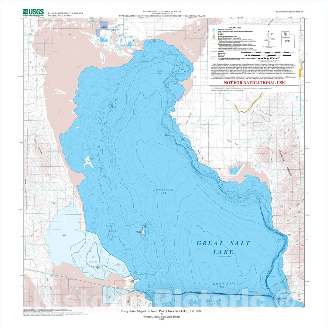 Map : Bathymetric map of the north part of the Great Salt Lake, Utah, 2006, 2006 Cartography Wall Art :