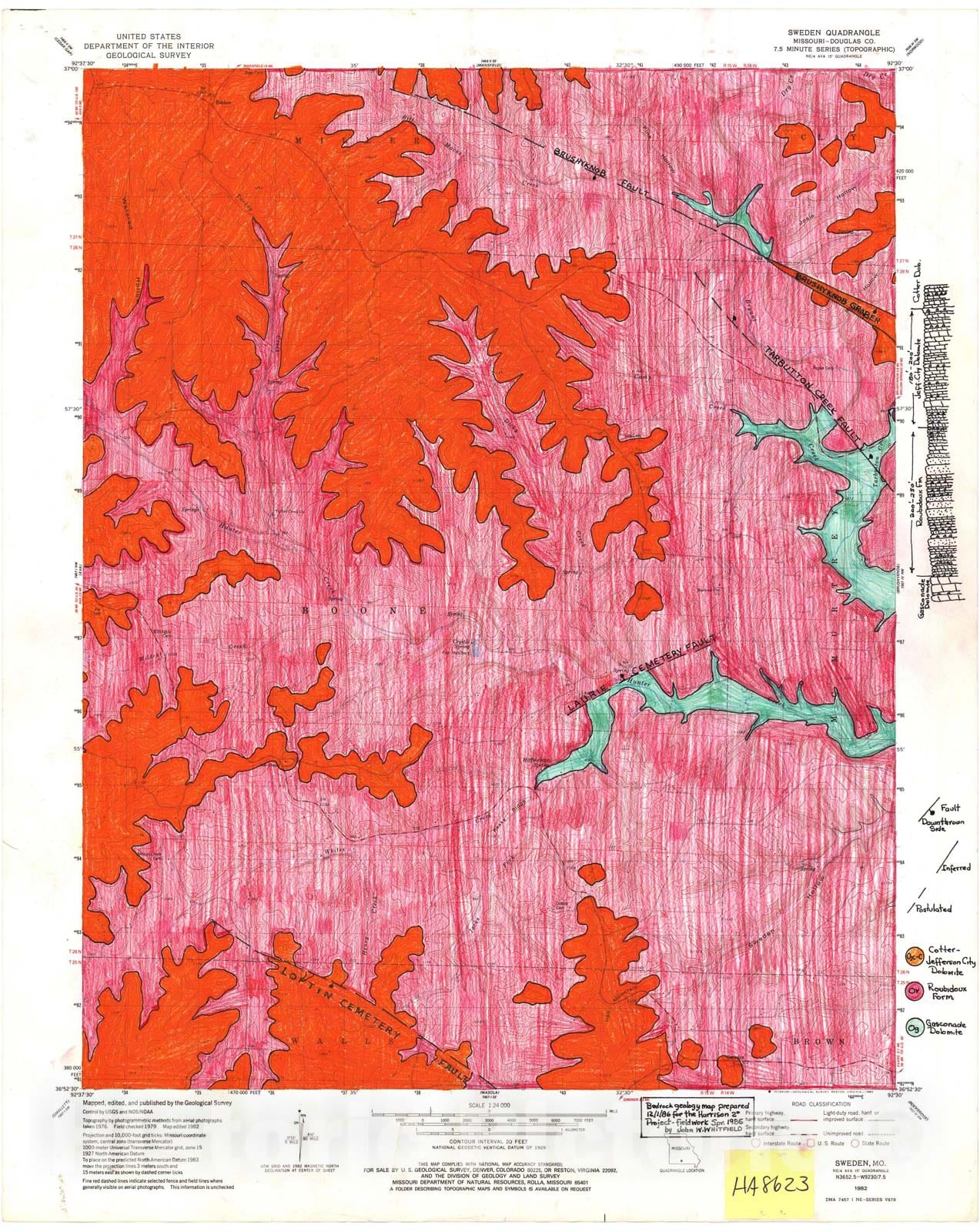 Map : Bedrock geologic map of the Sweden seven 1/2' quadrangle, Missouri, 1986 Cartography Wall Art :