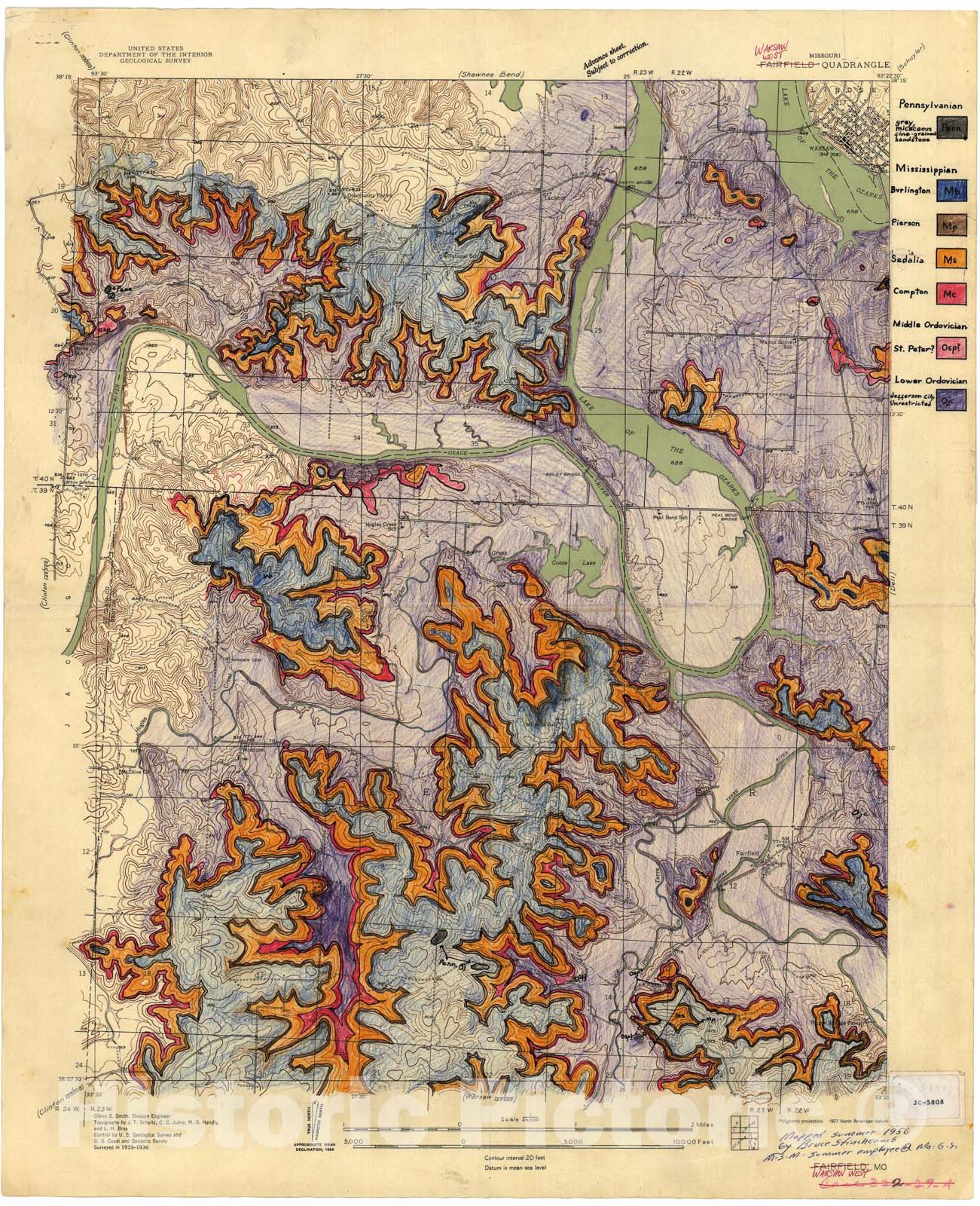 Map : Bedrock geologic map of the Warsaw West seven 1/2' quadrangle, Missouri, 1958 Cartography Wall Art :