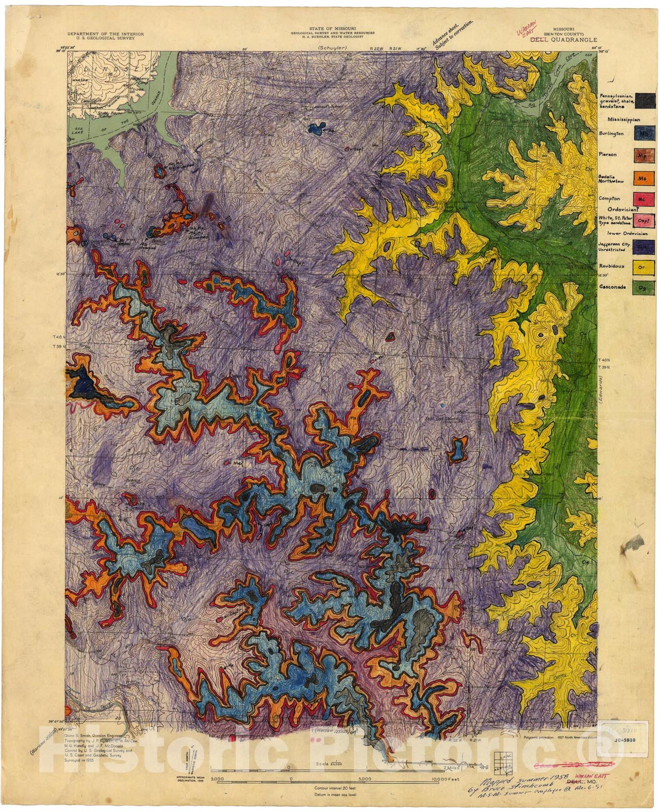 Map : Bedrock geologic map of the Warsaw East seven 1/2' quadrangle, Missouri, 1958 Cartography Wall Art :