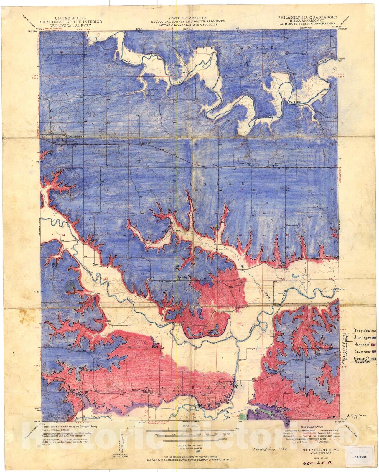 Map : Bedrock geologic map of the Philadelphia seven 1/2' quadrangle, Missouri, 1960 Cartography Wall Art :