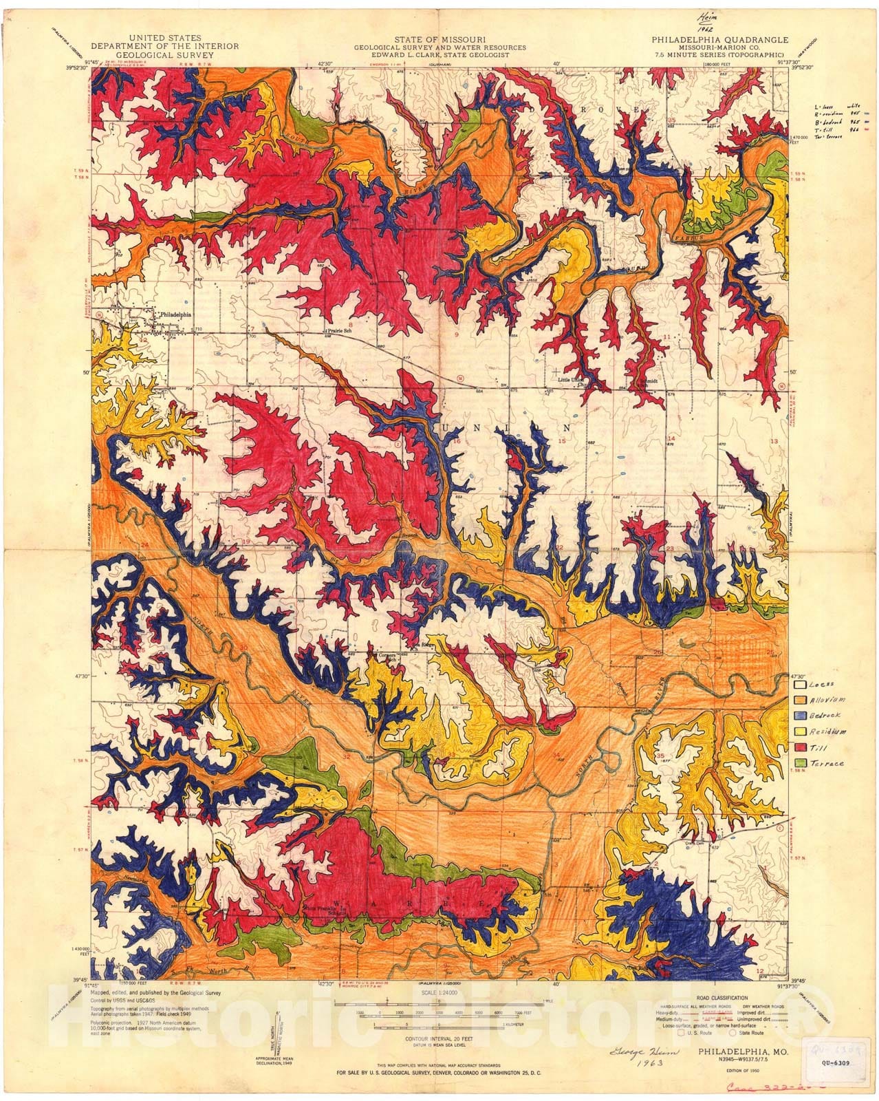 Map : Surficial material geologic map of the Philadelphia seven 1/2' quadrangle, Missouri, 1963 Cartography Wall Art :