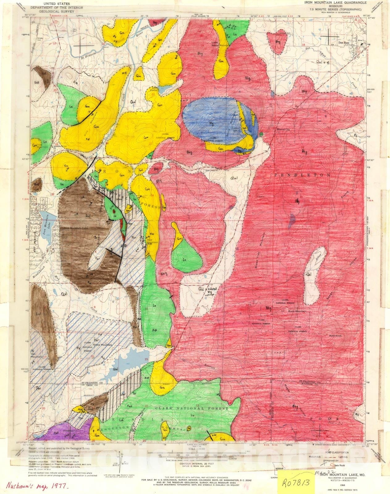 Map : Bedrock geologic map of the Iron Mountain Lake seven 1/2' quadrangle, Missouri, 19seven8 Cartography Wall Art :