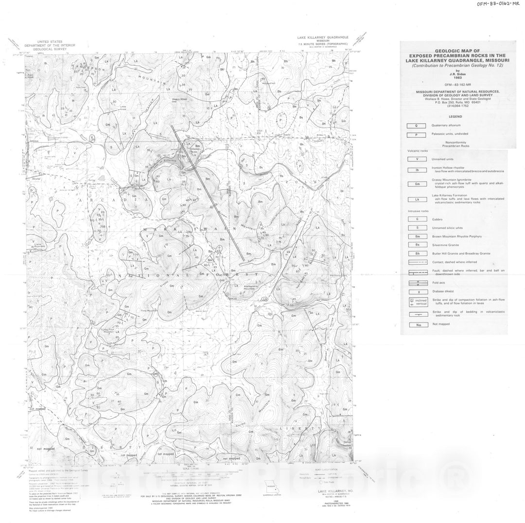 Map : Geologic map of exposed Precambrian rocks in the Lake Killarney seven 1/2' quadrangle, Missouri, 1983 Cartography Wall Art :