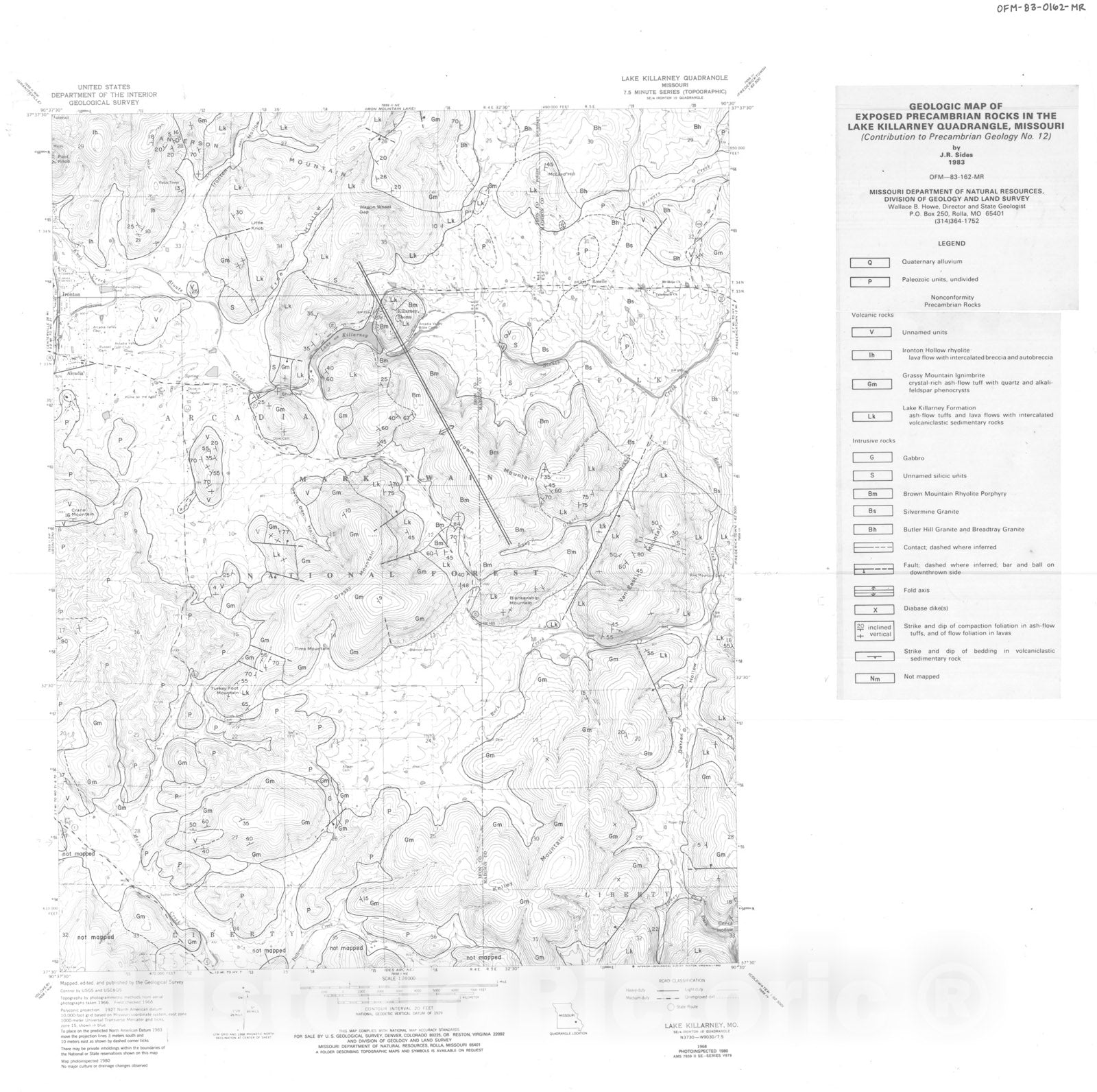 Map : Geologic map of exposed Precambrian rocks in the Lake Killarney seven 1/2' quadrangle, Missouri, 1983 Cartography Wall Art :