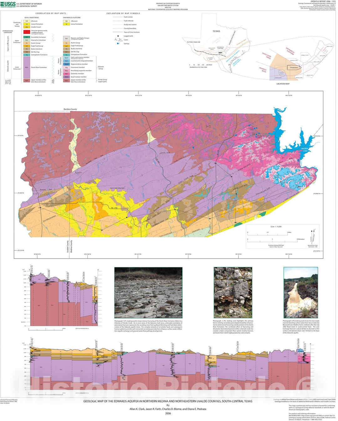 Map : Geologic map of the Edwards aquifer in northern Medina and northeastern Uvalde Counties, south-central Texas, 2006 Cartography Wall Art :