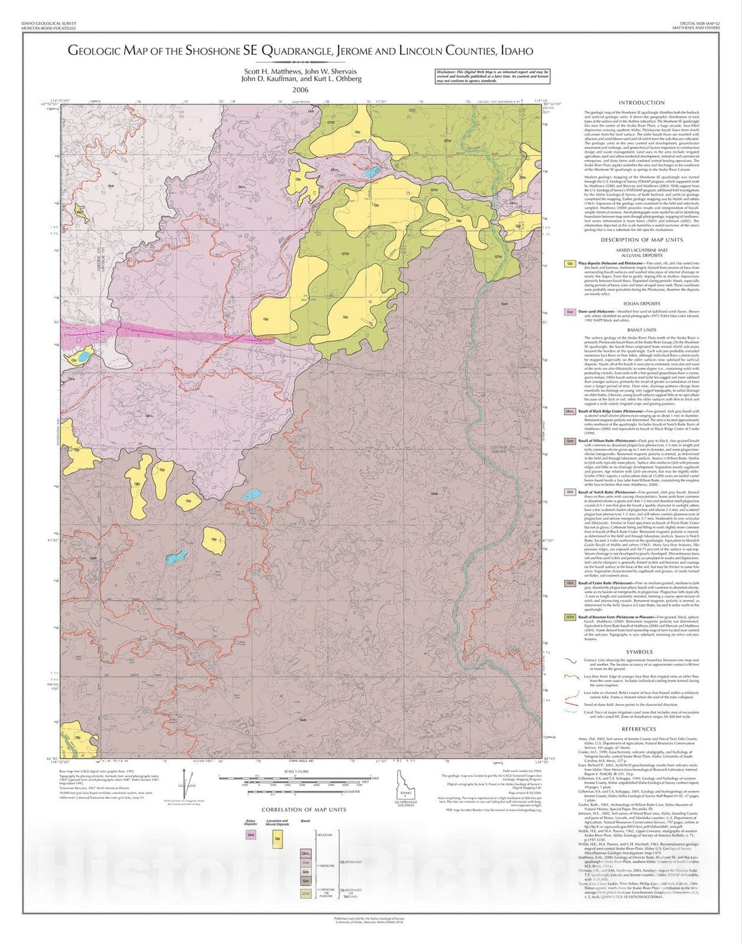 Map : Geologic Map of the Shoshone SE Quadrangle, Jerome and Lincoln Counties, Idaho, 2006 Cartography Wall Art :