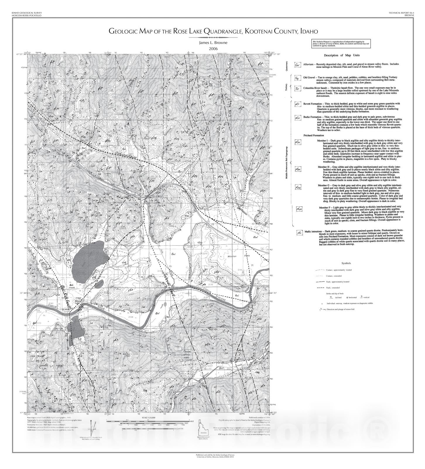 Map : Geologic Map of the Rose Lake Quadrangle, Kootenai County, Idaho, 2006 Cartography Wall Art :