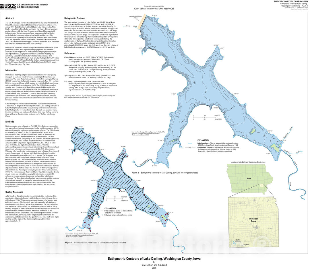 Map : Bathymetric contour maps of lakes surveyed in Iowa in 2004 [Lake Darling, Washington County], 2007 Cartography Wall Art :