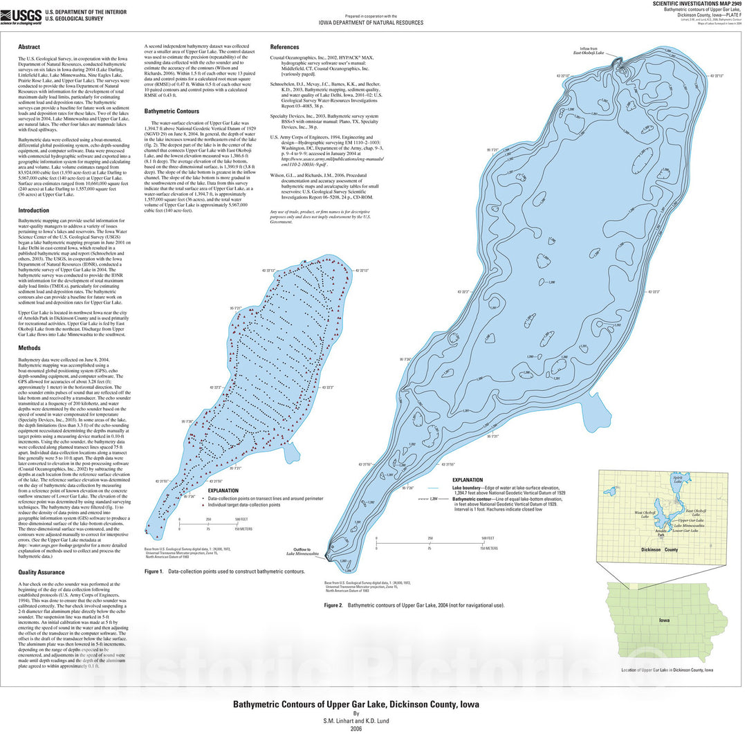 Map : Bathymetric contour maps of lakes surveyed in Iowa in 2004 [Upper Gar Lake, Dickinson County], 2007 Cartography Wall Art :