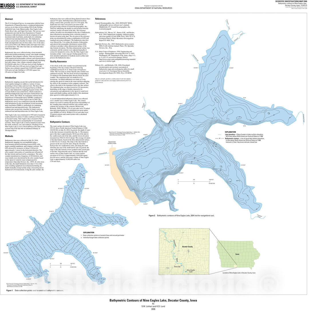 Map : Bathymetric contour maps of lakes surveyed in Iowa in 2004 [Nine Eagles Lake, Decatur County], 2007 Cartography Wall Art :