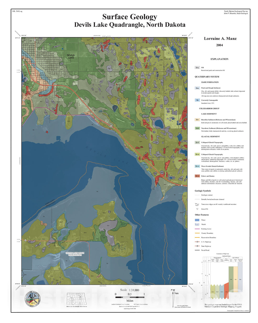 Map : Surface geology - Devil's Lake quadrangle, North Dakota, 2004 Cartography Wall Art :