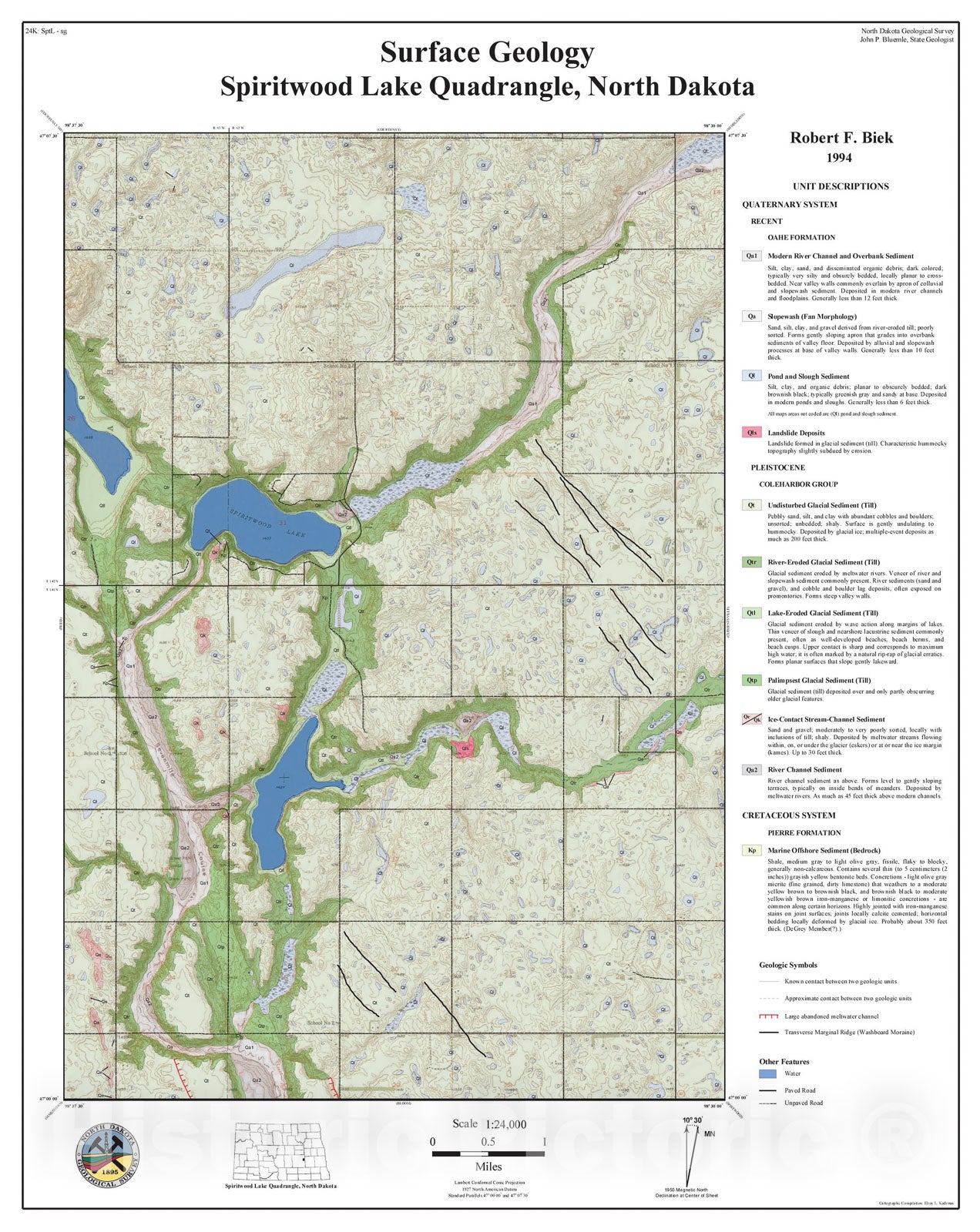 Map : Surface geology - Spiritwood Lake quadrangle, North Dakota, 1994 Cartography Wall Art :