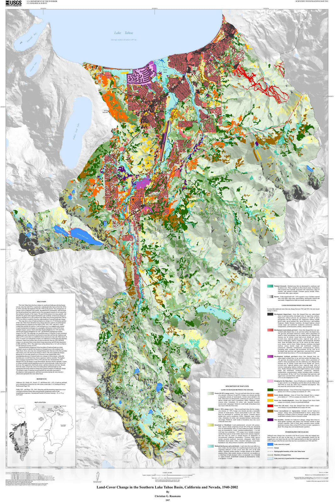 Map : Land-cover change in the southern Lake Tahoe Basin, California and Nevada, 1940-2002, 2007 Cartography Wall Art :