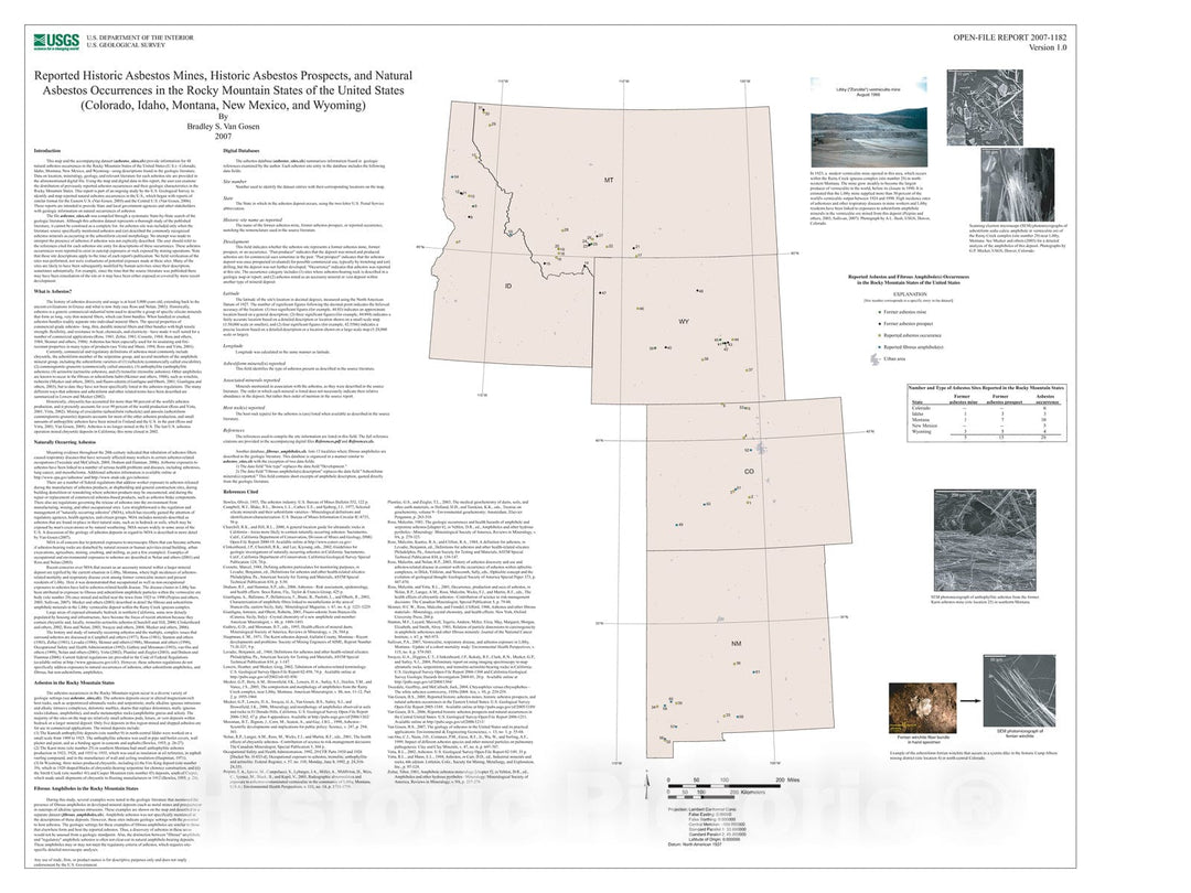 Map : Reported historic asbestos mines, historic asbestos prospects, and natural asbestos occurrences in the Rocky Mountain states of th, 2007 Cartography Wall Art :