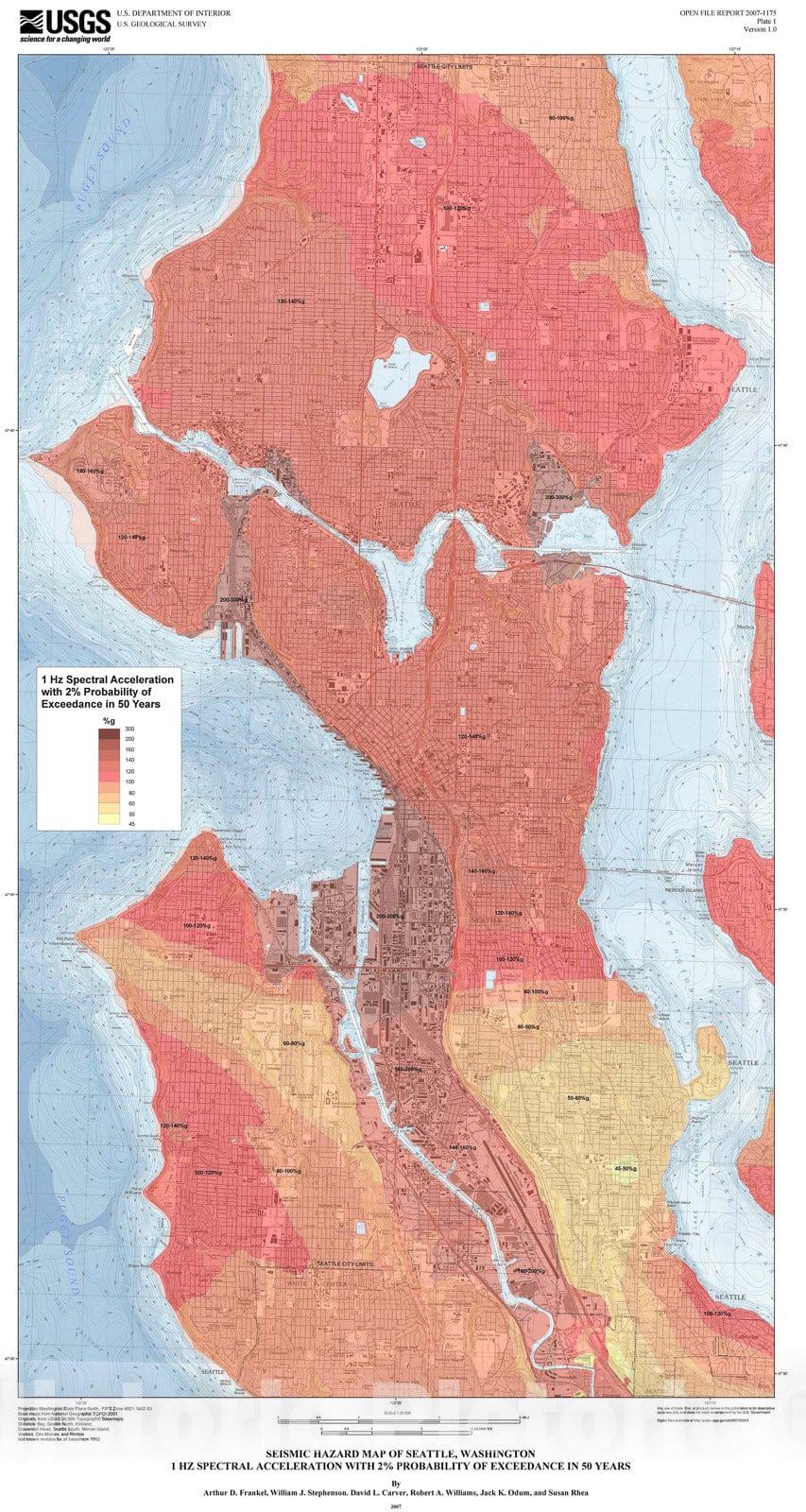 Map : Seismic hazard maps for Seattle, Washington, incorporating 3D sedimentary basin effects, nonlinear site response, and rupture directivity, 2007 Cartography Wall Art :