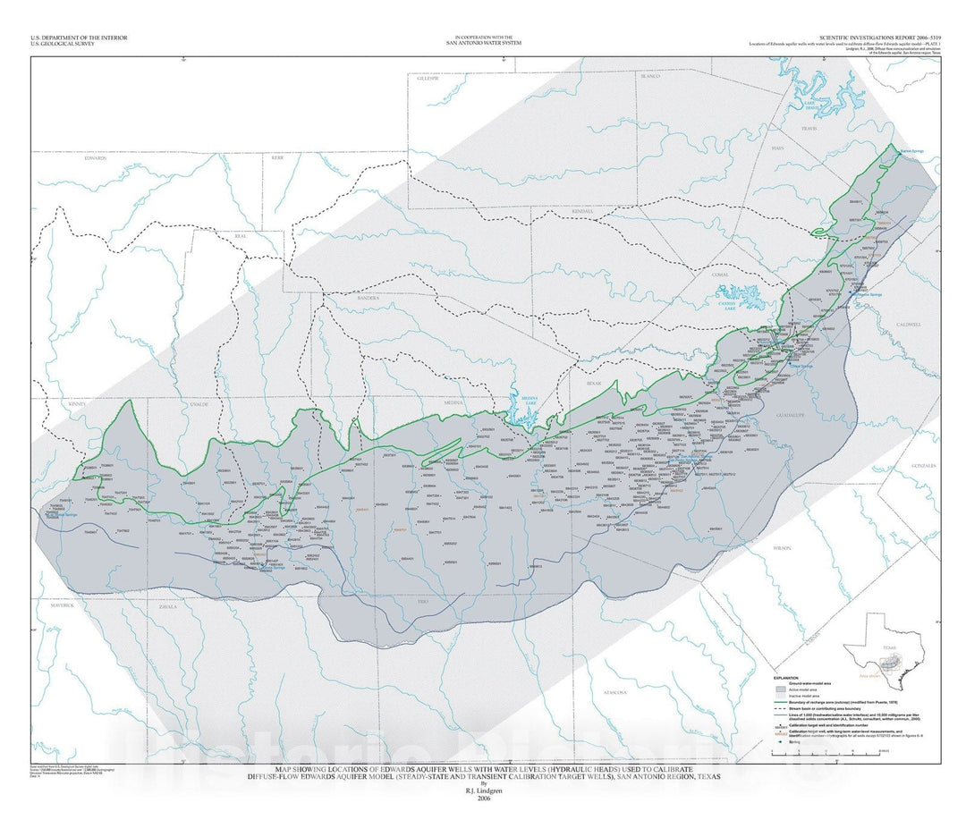 Map : Diffuse-flow conceptualization and simulation of the Edwards aquifer, San Antonio region, Texas, 2007 Cartography Wall Art :