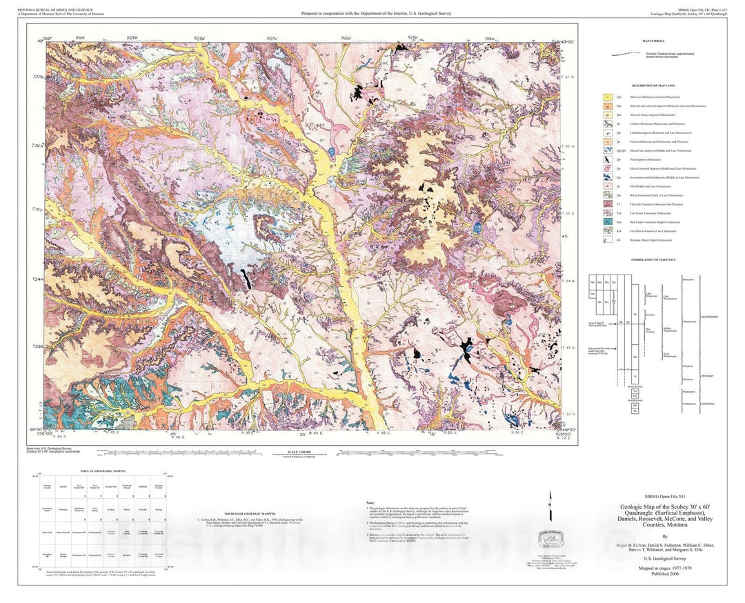 Map : Geologic map of the Scobey 30' x 60' quadrangle (surficial emphasis), Daniels, Roosevelt, McCone, and Valley counties, Montana (USGS field study), 2006 Cartography Wall Art :