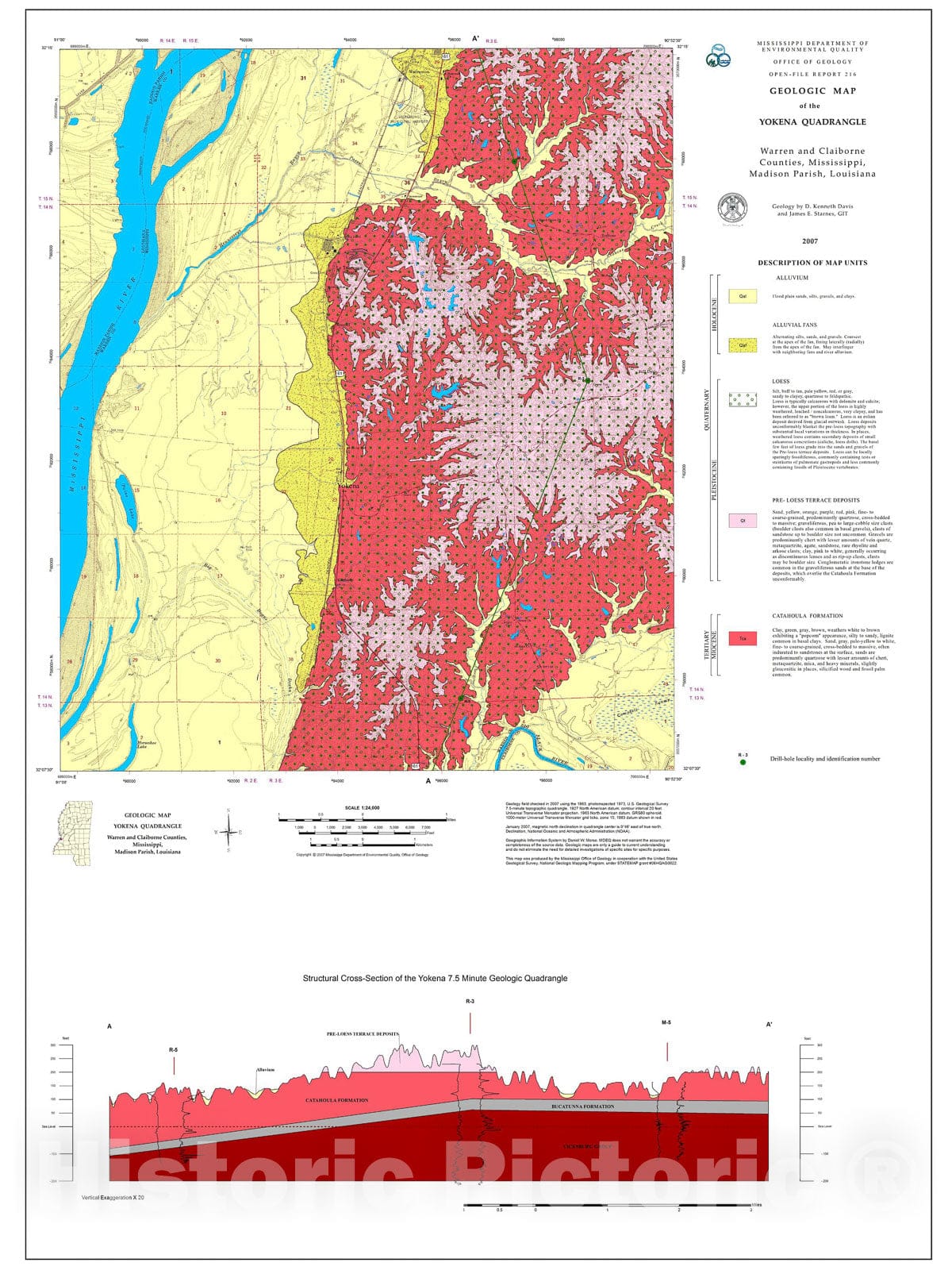 Map : Geologic map of the Yokena quadrangle, Warren and Claiborne counties, Mississippi, Madison Parish, Louisiana, 2007 Cartography Wall Art :