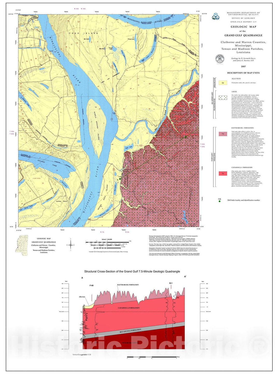 Map : Geologic map of the Grand Gulf quadrangle; Claiborne and Warren Counties, Mississippi, Tensas and Madison parishes, Louisiana, 2007 Cartography Wall Art :